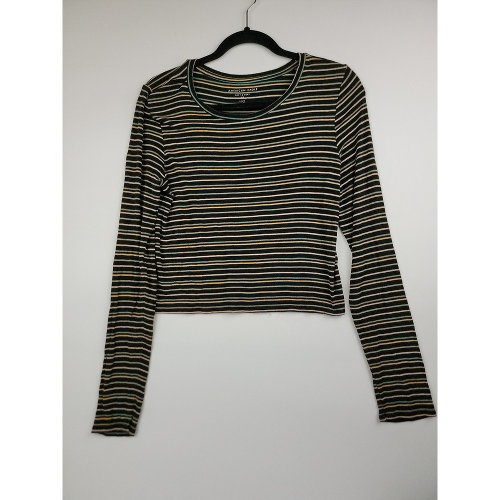 American Eagle Soft & Sexy Striped Ribbed Long Sleeve Crop Top Womens Large